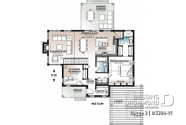 Rez-de-chaussée - Plan de maison scandinave, 2 chambres, suite des maîtres, plafond 9', grande terrasse couverte, aire ouverte - Hygge 2
