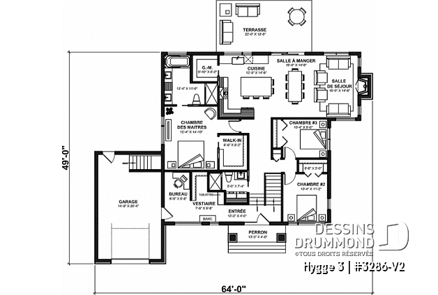 Rez-de-chaussée - Plan de plain-pied 3 chambres au rez-de-chaussée, garage, bureau, vestiaire, suite des maîtres - Hygge 3