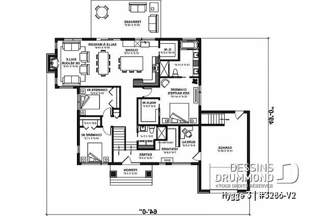 Rez-de-chaussée - Plan de plain-pied 3 chambres au rez-de-chaussée, garage, bureau, vestiaire, suite des maîtres - Hygge 3