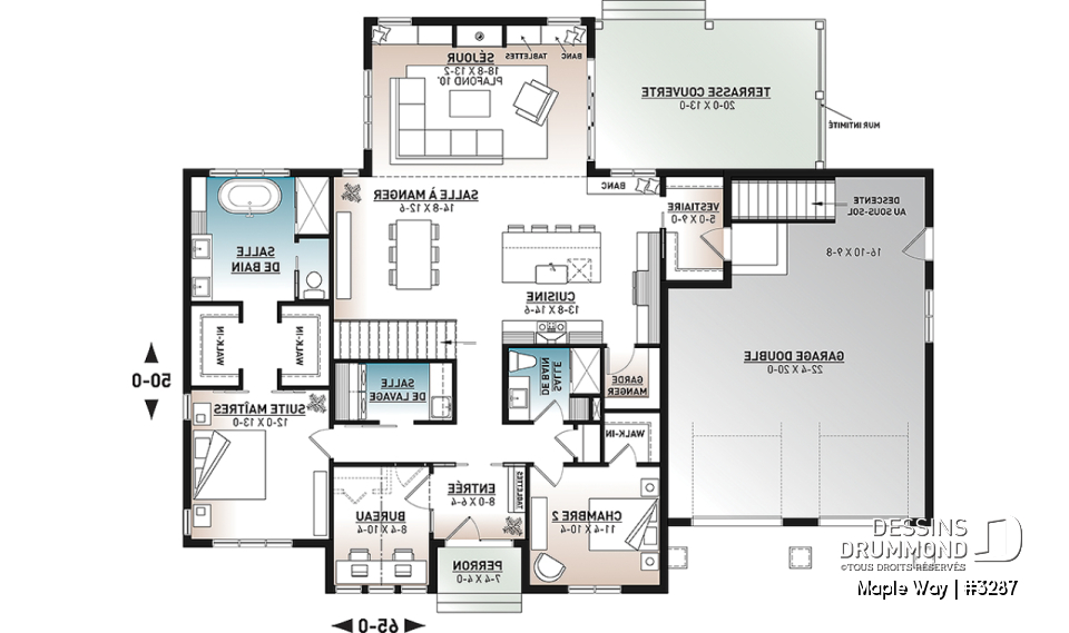 Rez-de-chaussée - Grand plain-pied Farmhouse, garage double, superbe salle de séjour à plafond de 10', terrasse couverte - Maple Way