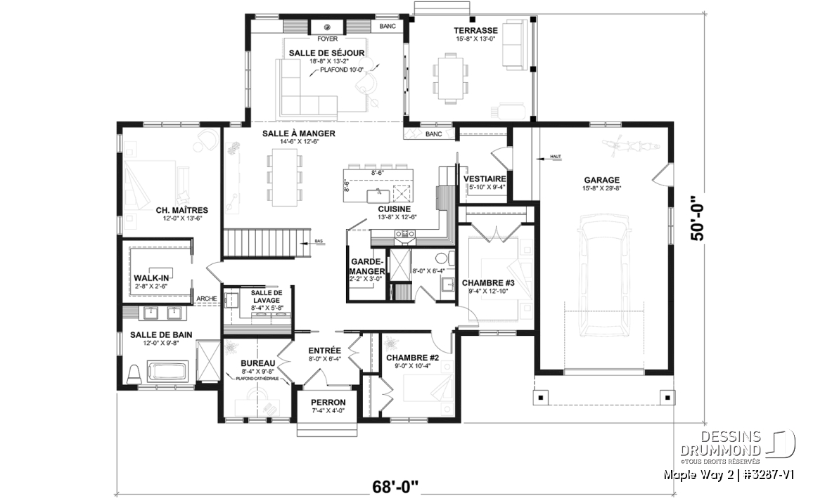 Rez-de-chaussée - Modèle de maison farmhouse moderne plain-pied, 3 chambres, garage, conçu pour Ludovick Bourgeois - Maple Way 2