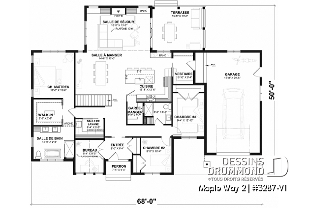 Rez-de-chaussée - Plan de maison farmhouse moderne plain-pied, 3 chambres, garage, conçu pour Ludovick Bourgeois - Maple Way 2