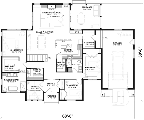 Rez-de-chaussée - Modèle de maison farmhouse moderne plain-pied, 3 chambres, garage, conçu pour Ludovick Bourgeois - Maple Way 2