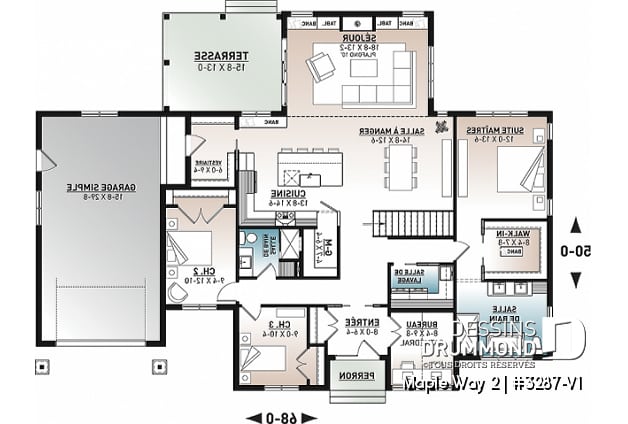 Rez-de-chaussée - Plan de maison farmhouse moderne plain-pied, 3 chambres, garage, conçu pour Ludovick Bourgeois - Maple Way 2