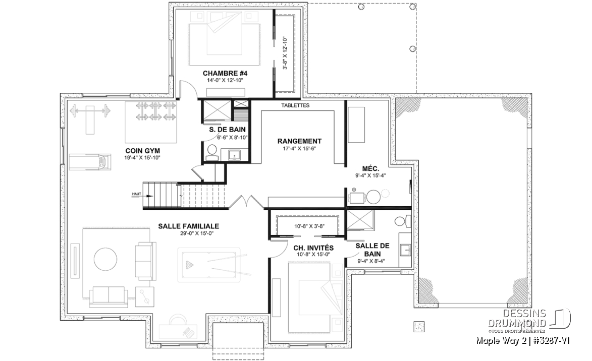 Sous-sol aménagé (Optionel $) - Modèle de maison farmhouse moderne plain-pied, 3 chambres, garage, conçu pour Ludovick Bourgeois - Maple Way 2
