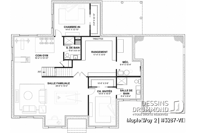Sous-sol aménagé (Optionel $) - Plan de maison farmhouse moderne plain-pied, 3 chambres, garage, conçu pour Ludovick Bourgeois - Maple Way 2