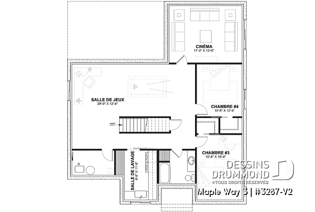 Sous-sol - Plain-pied 4 chambres de style farmhouse, bureau, 2 salons, sous-sol aménagé, garde-manger, foyer - Maple Way 3