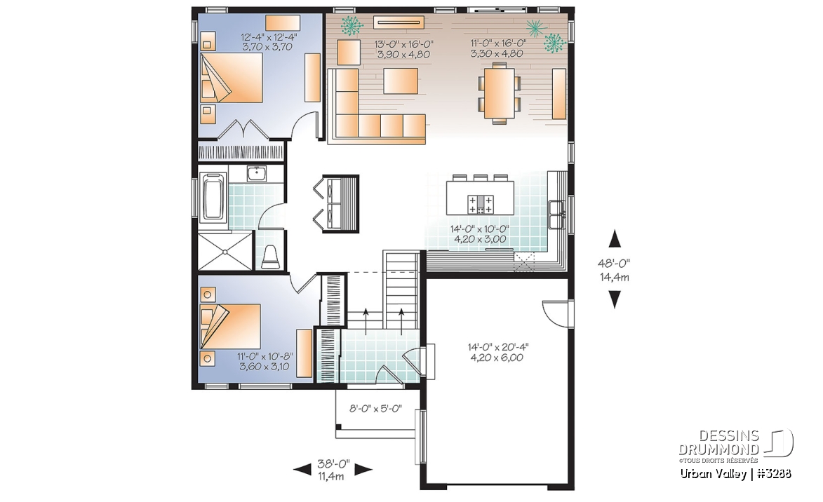 Rez-de-chaussée - Plan de maison d'inspiration scandinaves avec garage, 2 chambres, entrée split, grande douche, plafond 9'. - Urban Valley