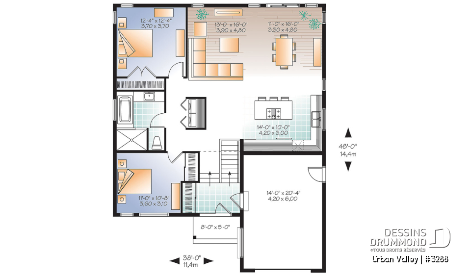Rez-de-chaussée - Plan de maison d'inspiration scandinaves avec garage, 2 chambres, entrée split, grande douche, plafond 9'. - Urban Valley