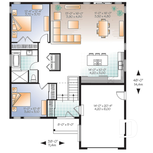 Rez-de-chaussée - Plan de maison d'inspiration scandinaves avec garage, 2 chambres, entrée split, grande douche, plafond 9'. - Urban Valley
