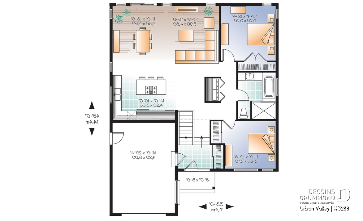Rez-de-chaussée - Plan de maison d'inspiration scandinaves avec garage, 2 chambres, entrée split, grande douche, plafond 9'. - Urban Valley