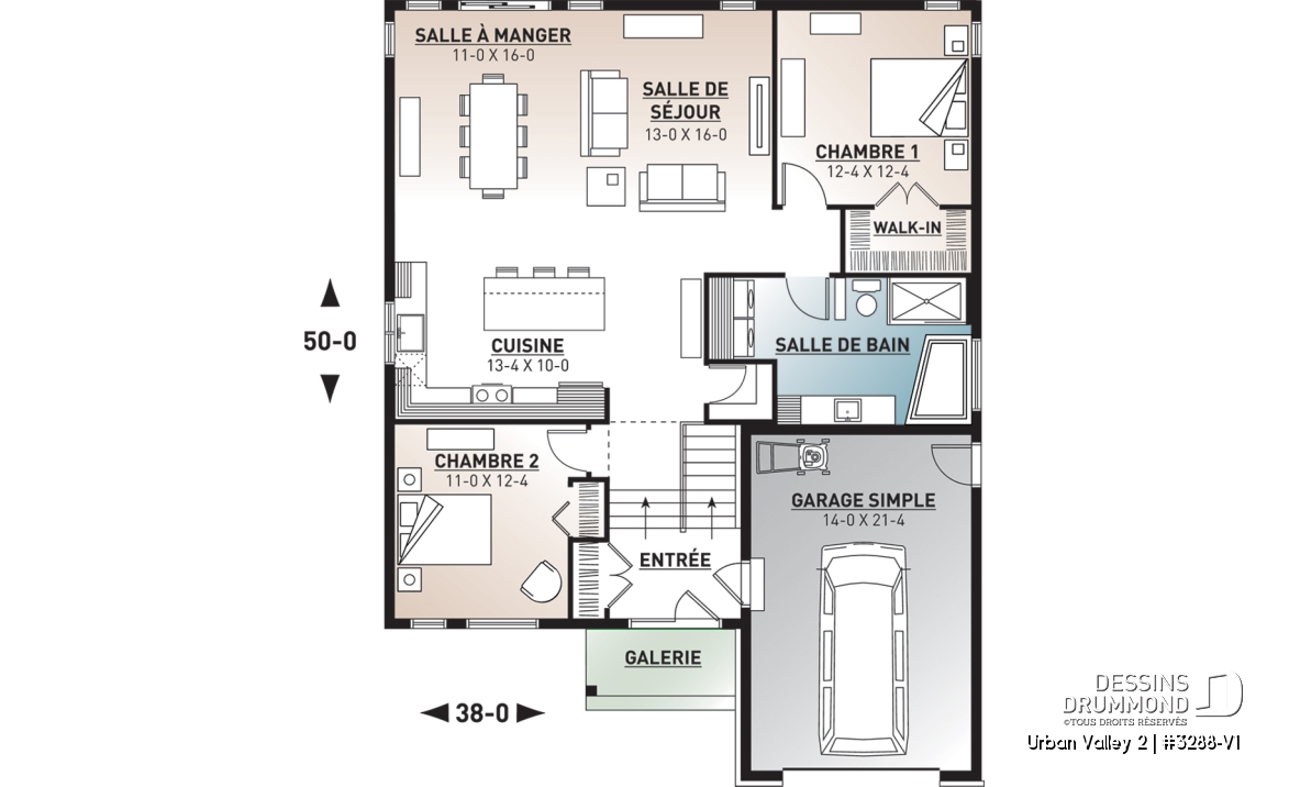 Rez-de-chaussée - Plan de plain-pied champêtre, 2 chambres, sous-sol aménageable, garage simple, bel espace salon / cuisine - Urban Valley 2
