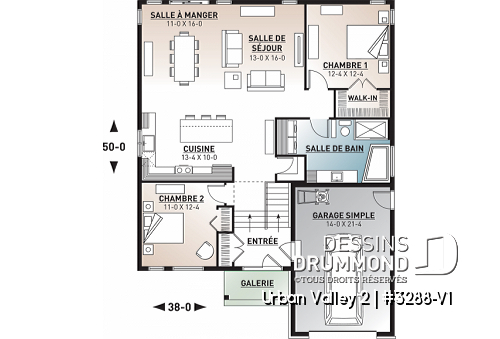 Rez-de-chaussée - Plan de plain-pied champêtre, 2 chambres, sous-sol aménageable, garage simple, bel espace salon / cuisine - Urban Valley 2