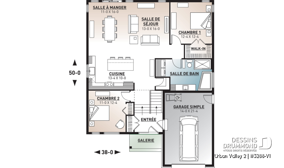 Rez-de-chaussée - Plan de plain-pied champêtre, 2 chambres, sous-sol aménageable, garage simple, bel espace salon / cuisine - Urban Valley 2