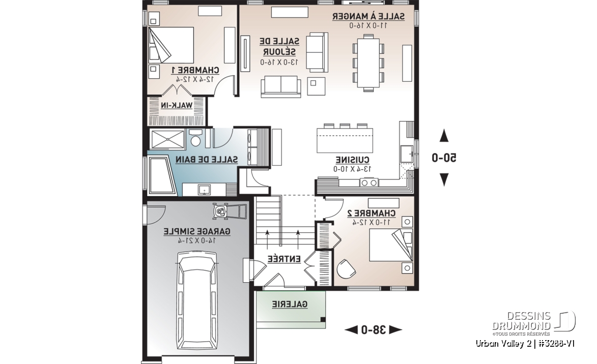 Rez-de-chaussée - Plan de plain-pied champêtre, 2 chambres, sous-sol aménageable, garage simple, bel espace salon / cuisine - Urban Valley 2
