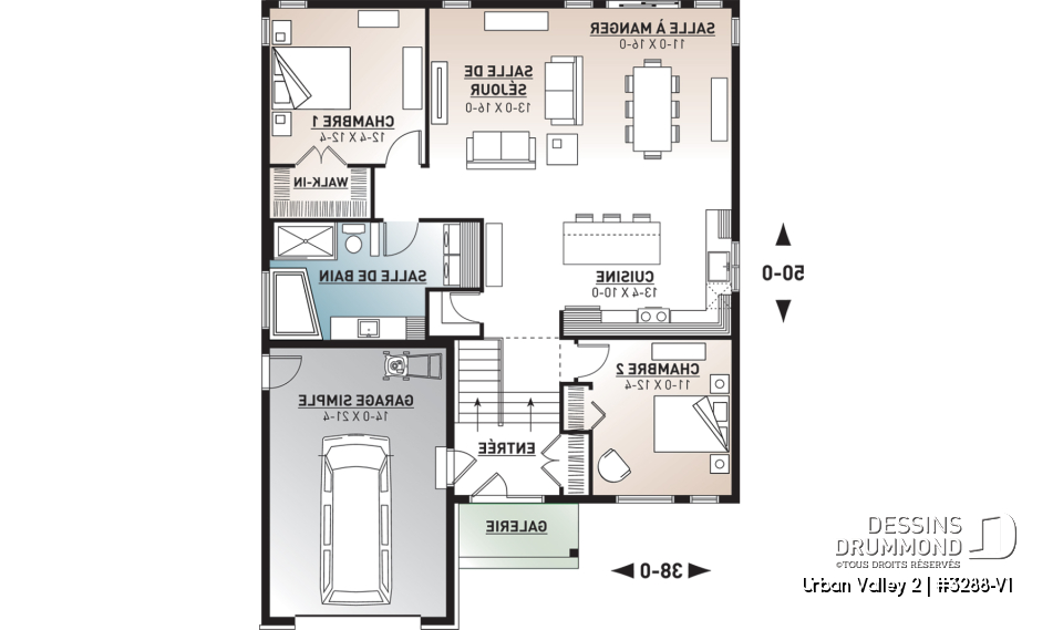 Rez-de-chaussée - Plan de plain-pied champêtre, 2 chambres, sous-sol aménageable, garage simple, bel espace salon / cuisine - Urban Valley 2