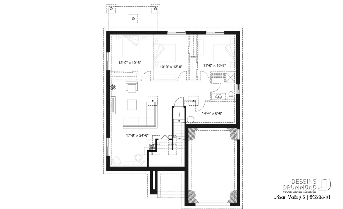 Sous-sol - Plan de plain-pied champêtre, 2 chambres, sous-sol aménageable, garage simple, bel espace salon / cuisine - Urban Valley 2
