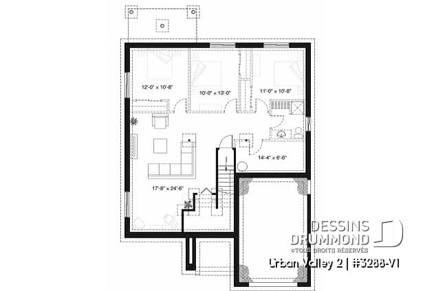 Sous-sol - Plan de plain-pied champêtre, 2 chambres, sous-sol aménageable, garage simple, bel espace salon / cuisine - Urban Valley 2