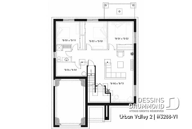 Sous-sol - Plan de plain-pied champêtre, 2 chambres, sous-sol aménageable, garage simple, bel espace salon / cuisine - Urban Valley 2