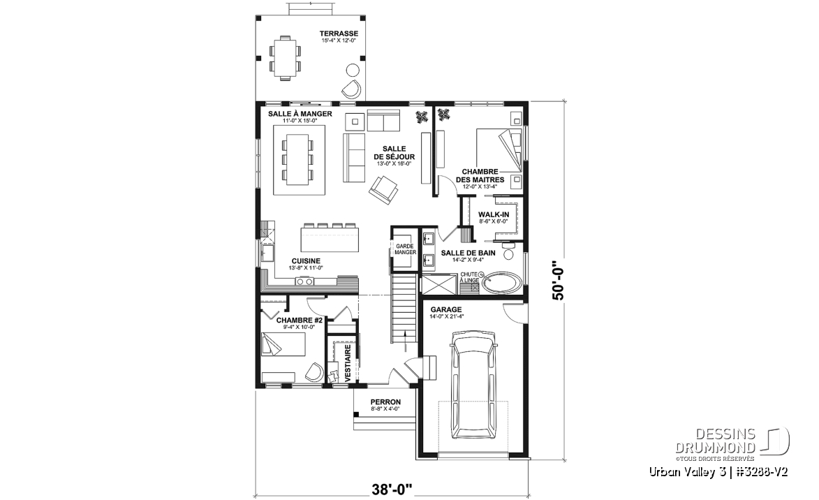 Rez-de-chaussée - Plan de maison nordique 2 chambres, avec garage, garde-manger, vestiaire, chute à linge - Urban Valley 3