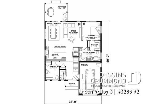 Rez-de-chaussée - Plan de maison nordique 2 chambres, avec garage, garde-manger, vestiaire, chute à linge - Urban Valley 3