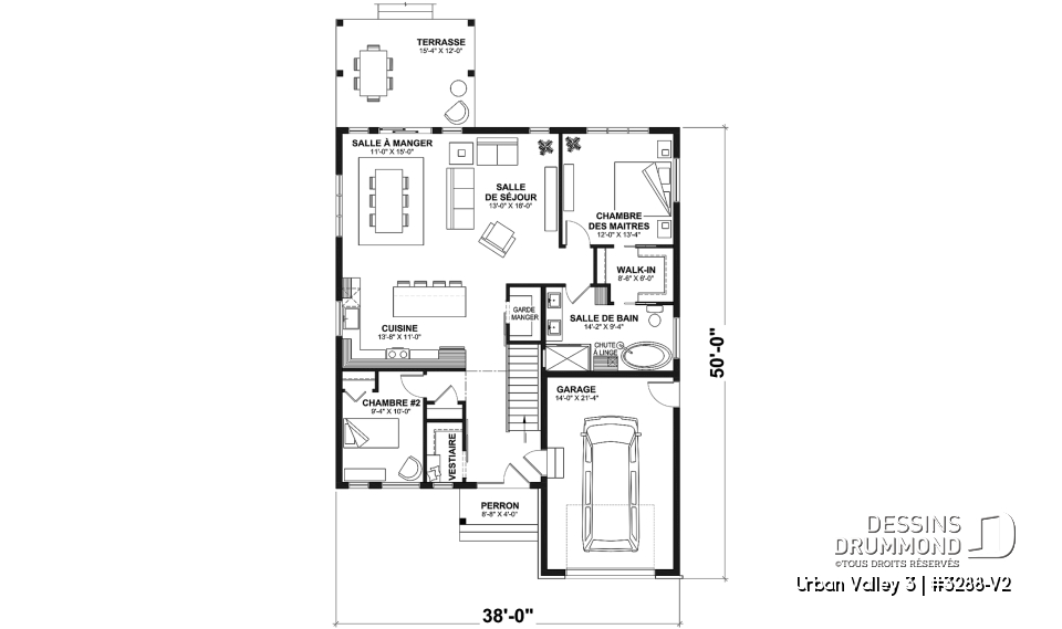 Rez-de-chaussée - Plan de maison nordique 2 chambres, avec garage, garde-manger, vestiaire, chute à linge - Urban Valley 3
