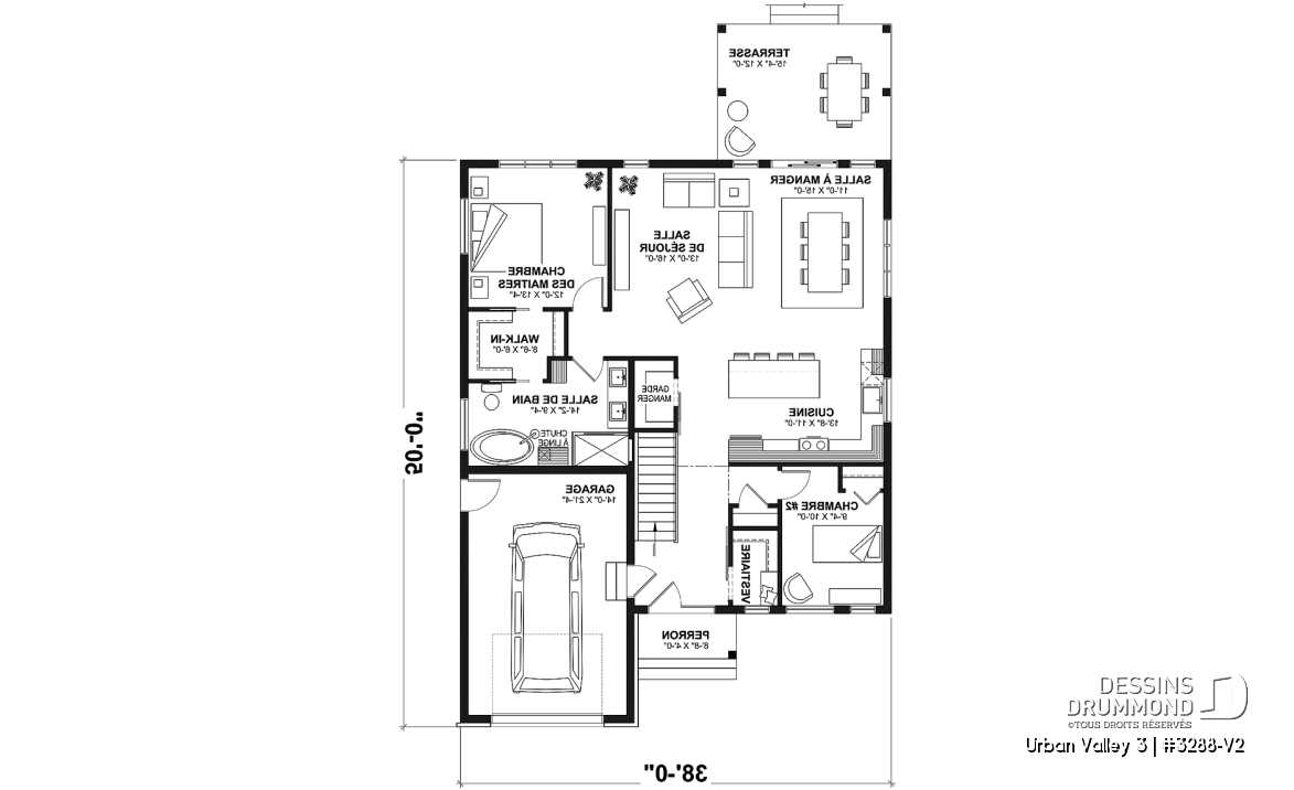 Rez-de-chaussée - Plan de maison nordique 2 chambres, avec garage, garde-manger, vestiaire, chute à linge - Urban Valley 3