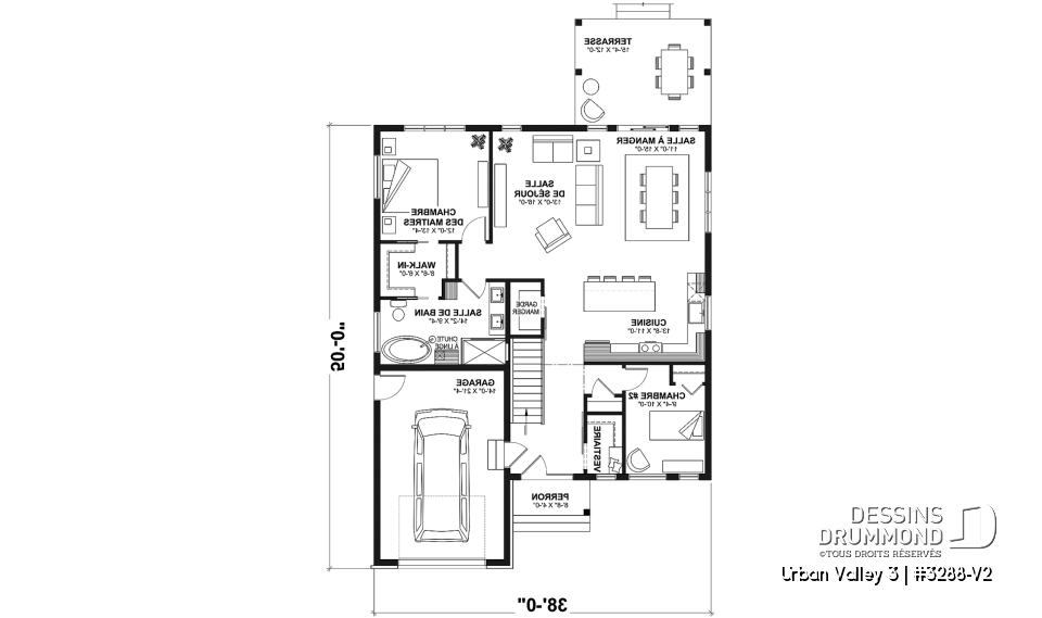 Rez-de-chaussée - Plan de maison nordique 2 chambres, avec garage, garde-manger, vestiaire, chute à linge - Urban Valley 3