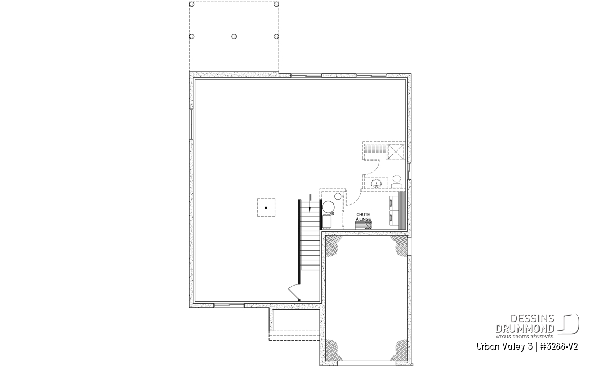 Sous-sol - Plan de maison nordique 2 chambres, avec garage, garde-manger, vestiaire, chute à linge - Urban Valley 3