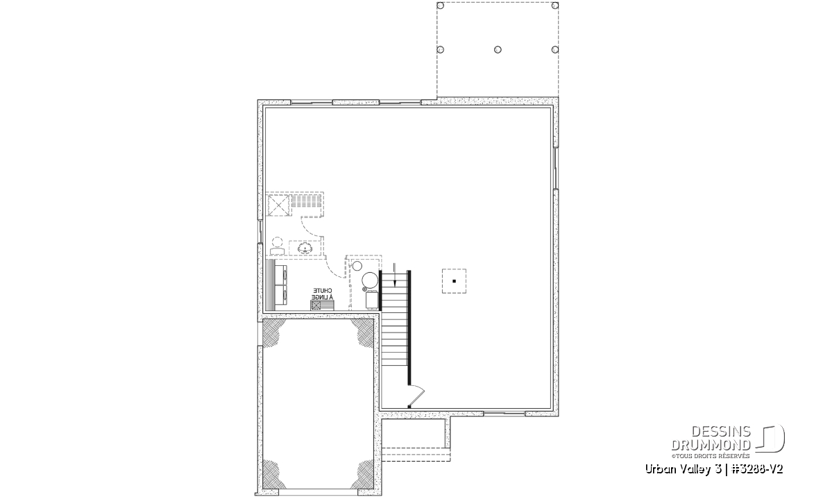 Sous-sol - Plan de maison nordique 2 chambres, avec garage, garde-manger, vestiaire, chute à linge - Urban Valley 3