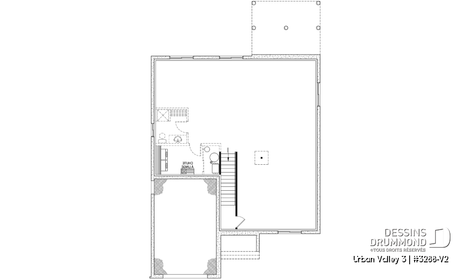 Sous-sol - Plan de maison nordique 2 chambres, avec garage, garde-manger, vestiaire, chute à linge - Urban Valley 3
