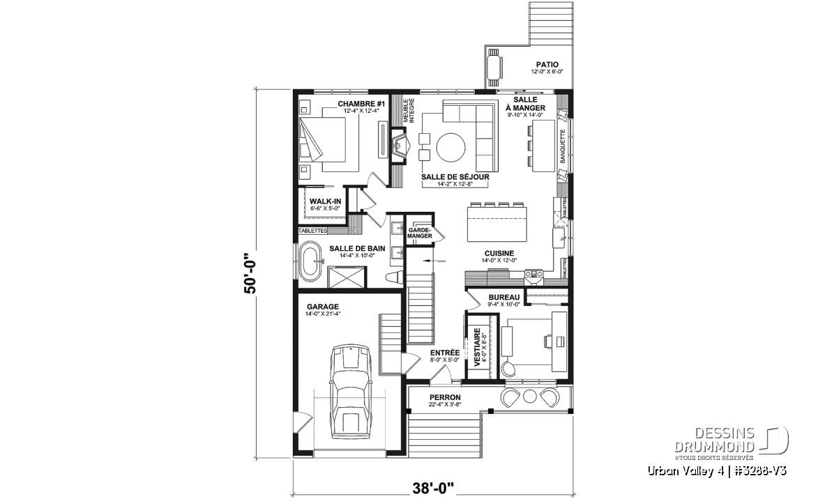 Rez-de-chaussée - Plan de farmhouse compacte proposant 2 à 6 chambres, aire ouverte, bureau, sous-sol aménagé (optionnel $) - Urban Valley 4
