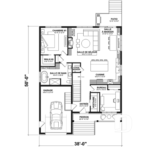 Rez-de-chaussée - Plan de farmhouse compacte proposant 2 à 6 chambres, aire ouverte, bureau, sous-sol aménagé (optionnel $) - Urban Valley 4