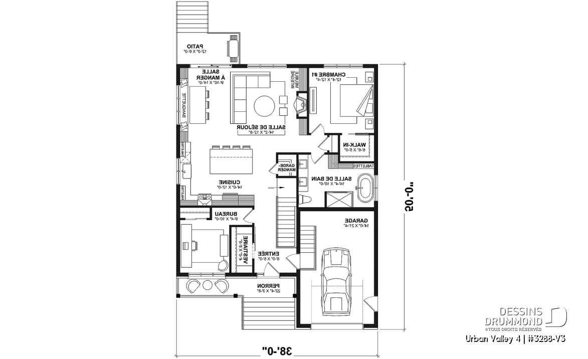 Rez-de-chaussée - Plan de farmhouse compacte proposant 2 à 6 chambres, aire ouverte, bureau, sous-sol aménagé (optionnel $) - Urban Valley 4