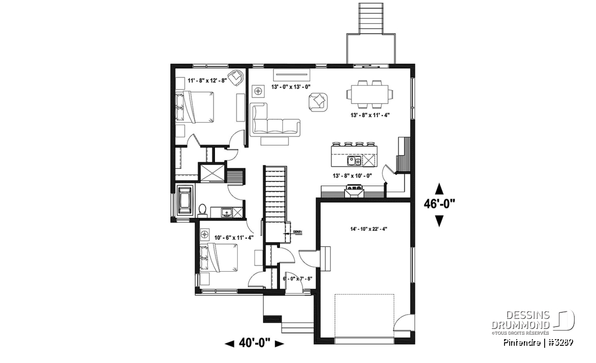 Rez-de-chaussée - Plan de maison moderne plain-pied avec garage, 2 chambres, garde-manger, walk-in, chute à linge - Pintendre