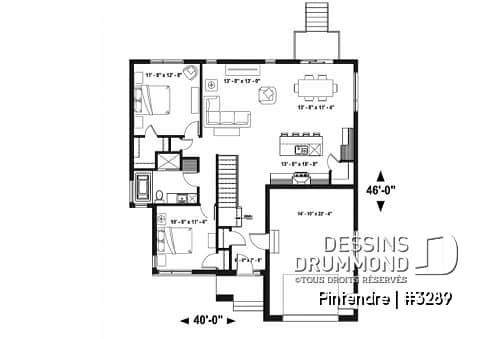 Rez-de-chaussée - Plan de maison moderne plain-pied avec garage, 2 chambres, garde-manger, walk-in, chute à linge - Pintendre