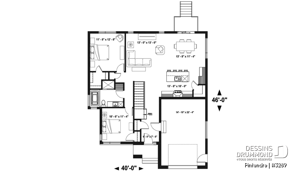 Rez-de-chaussée - Plan de maison moderne plain-pied avec garage, 2 chambres, garde-manger, walk-in, chute à linge - Pintendre
