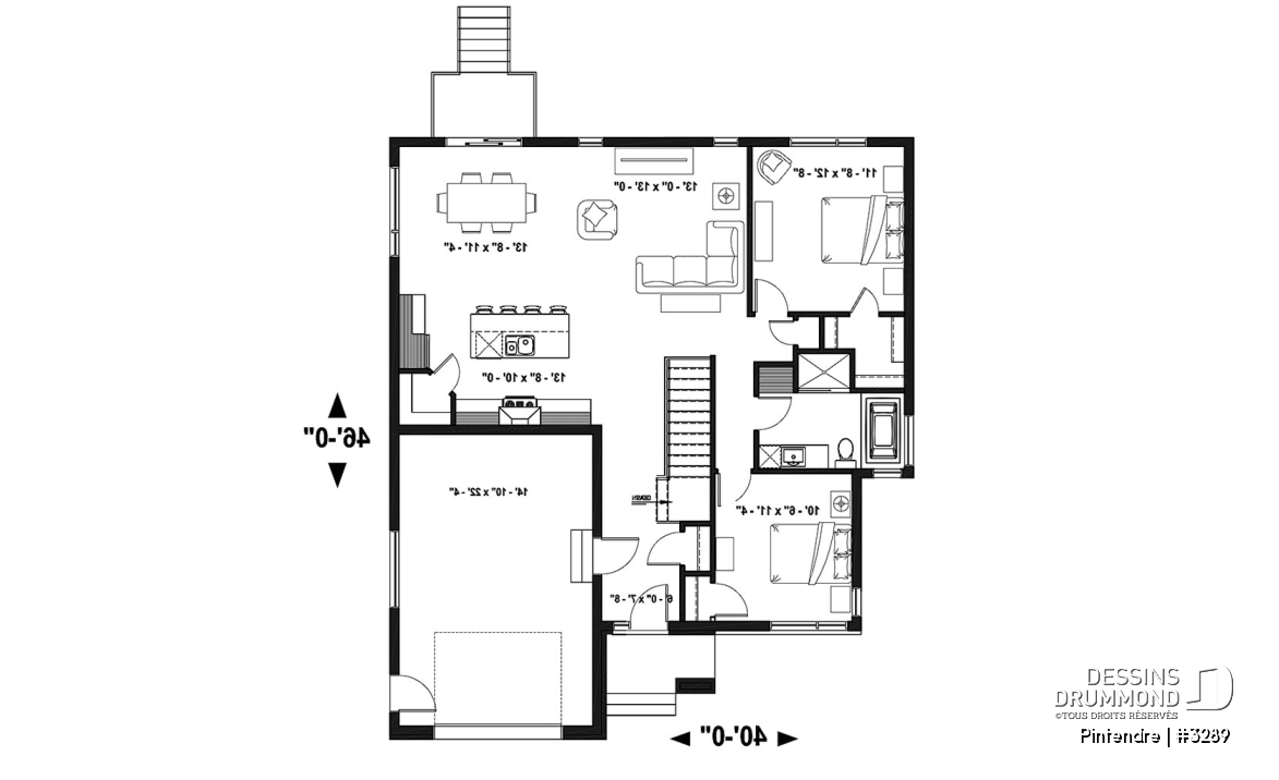 Rez-de-chaussée - Plan de maison moderne plain-pied avec garage, 2 chambres, garde-manger, walk-in, chute à linge - Pintendre
