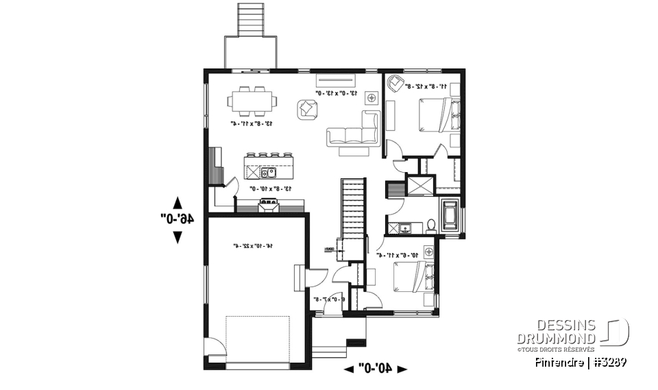 Rez-de-chaussée - Plan de maison moderne plain-pied avec garage, 2 chambres, garde-manger, walk-in, chute à linge - Pintendre