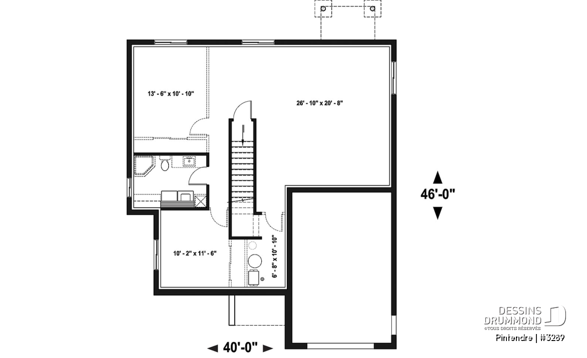 Sous-sol - Plan de maison moderne plain-pied avec garage, 2 chambres, garde-manger, walk-in, chute à linge - Pintendre