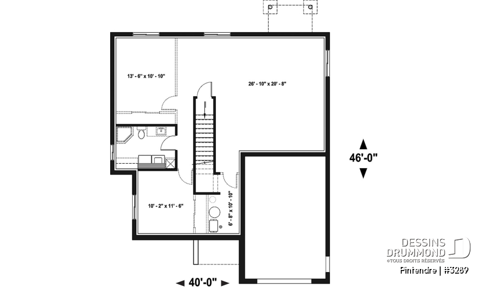 Sous-sol - Plan de maison moderne plain-pied avec garage, 2 chambres, garde-manger, walk-in, chute à linge - Pintendre