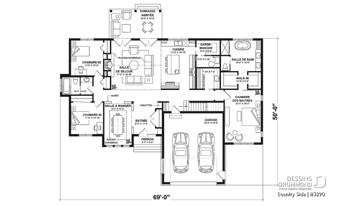Rez-de-chaussée - Plain-pied 3 chambres, 2 salles de bain, plafond 9' + cathédral, garde-manger, garage double, buanderie - Country Side