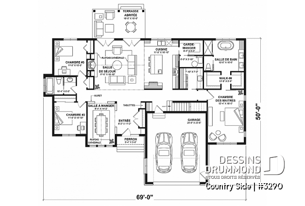 Rez-de-chaussée - Plain-pied 3 chambres, 2 salles de bain, plafond 9' + cathédral, garde-manger, garage double, buanderie - Country Side