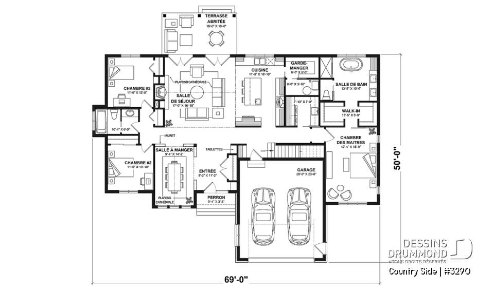 Rez-de-chaussée - Plain-pied 3 chambres, 2 salles de bain, plafond 9' + cathédral, garde-manger, garage double, buanderie - Country Side