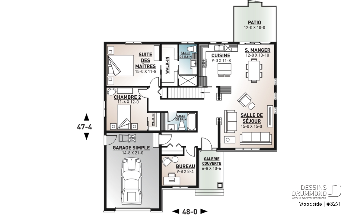 Rez-de-chaussée - Plan de plain-pied Nordique, 3 chambres ou 2 chambres + bureau, plafond cathédral, 2 salles de bain, garage - Woodside