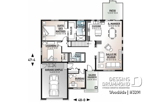 Rez-de-chaussée - Plan de plain-pied Nordique, 3 chambres ou 2 chambres + bureau, plafond cathédral, 2 salles de bain, garage - Woodside