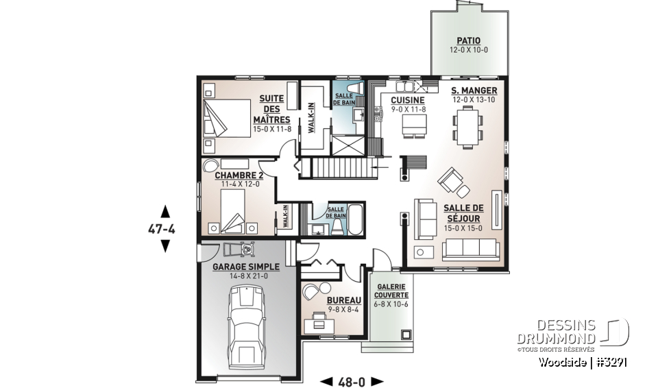 Rez-de-chaussée - Plan de plain-pied Nordique, 3 chambres ou 2 chambres + bureau, plafond cathédral, 2 salles de bain, garage - Woodside