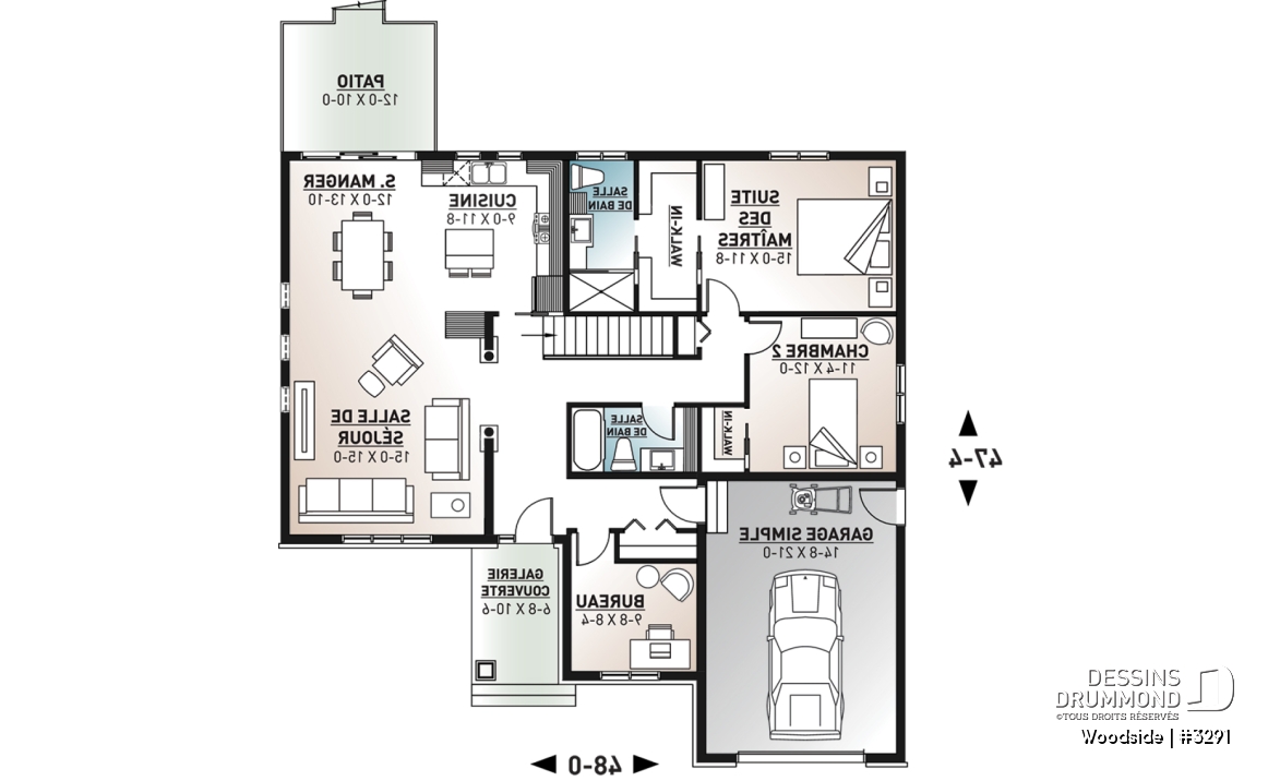 Rez-de-chaussée - Plan de plain-pied Nordique, 3 chambres ou 2 chambres + bureau, plafond cathédral, 2 salles de bain, garage - Woodside