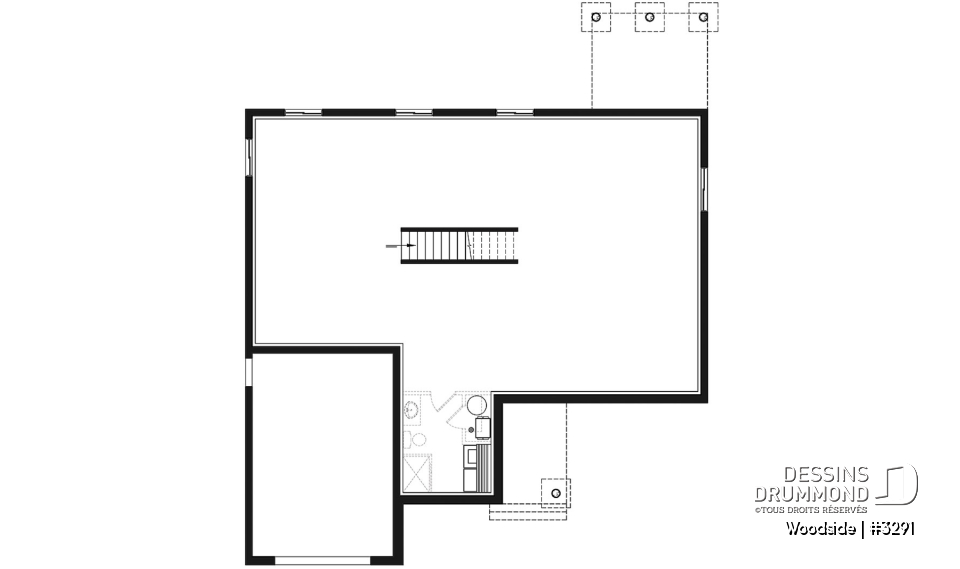 Sous-sol - Plan de plain-pied Nordique, 3 chambres ou 2 chambres + bureau, plafond cathédral, 2 salles de bain, garage - Woodside