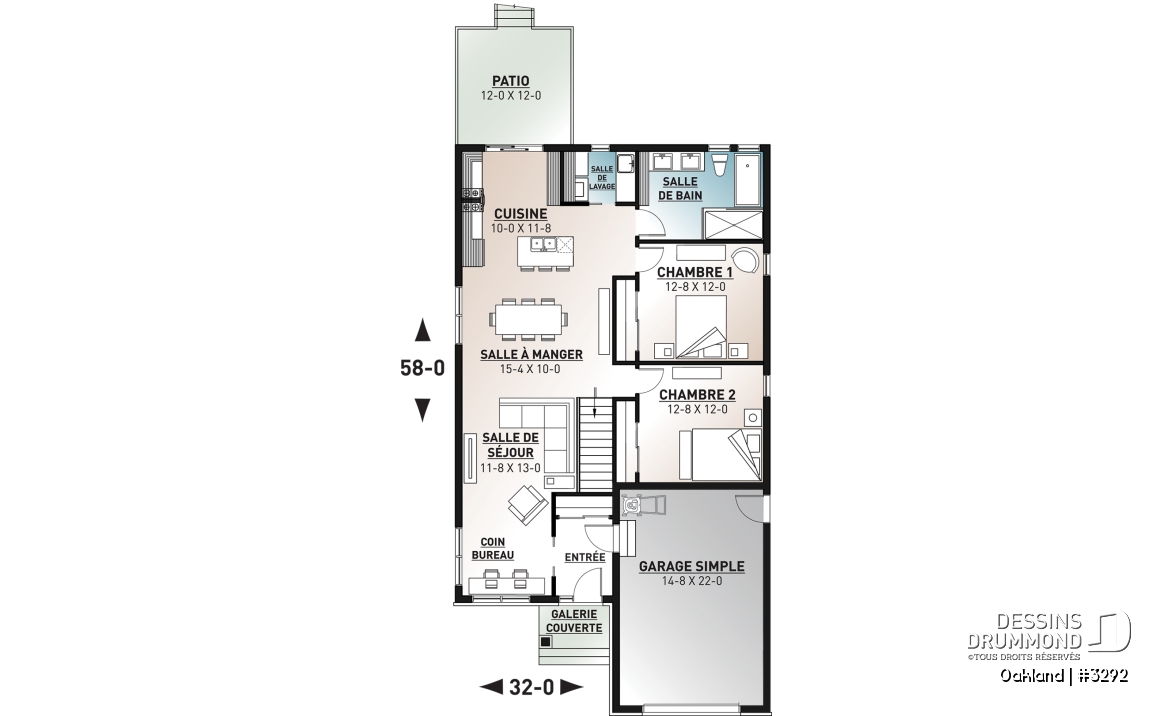 Rez-de-chaussée - Plan de maison pour terrain étroit, 2 chambres, garage, salon spacieux, coin bureau, buanderie - Oakland